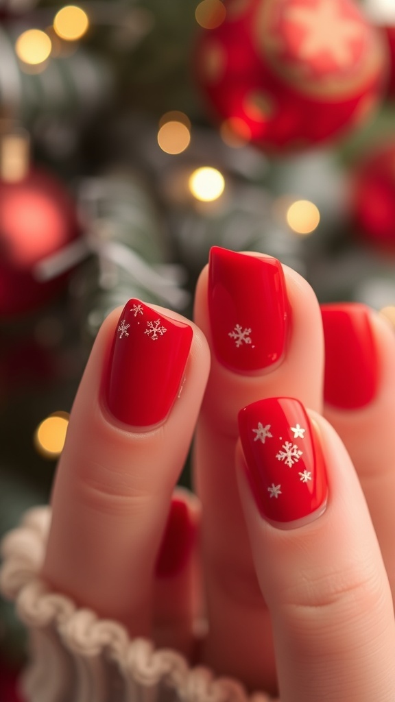 Short red Christmas nails with glitter and snowflake designs on a festive background.